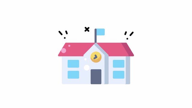 Flat vector illustration of a school building icon with a pink roof and blue flag isolated on a white background for education design