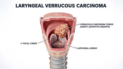 Fototapeta premium Laryngeal verrucous carcinoma 3D medical illustration, warty exophytic tumor growth inside larynx, vocal cords and airway anatomy labeled diagram