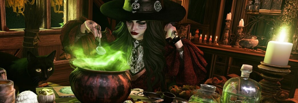 Witch creating a magical concoction at her cottage