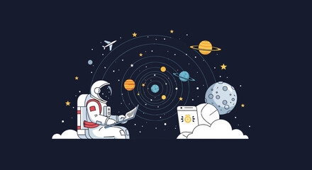 Naklejka premium Astronauts Exploring Space and Solar System Illustration