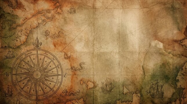 An aged, parchment-style map depicts a coastal region with a prominent compass rose. The map features stylized ships, islands, and landmasses rendered in muted browns, tans, and greens.