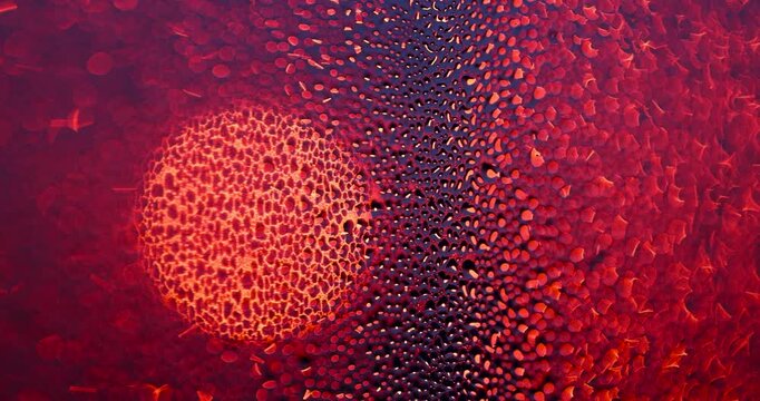 Bright red sun behind wet window glass, warm sun shines through tiny drops of water and condensation during sunset