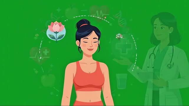 Healthcare consultation with female doctor and fit woman surrounded by wellness icons
