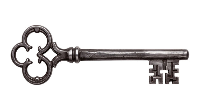 Ornate antique silver skeleton key with intricate bow and isolated on png transparent background