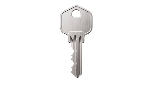 Silver metal house key with serrated edge and key ring hole isolated on png transparent background