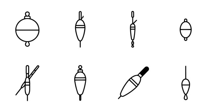 Fishing Bobbers Vector Icons Set, Assorted Floats for Angling, Simple Line Art Collection