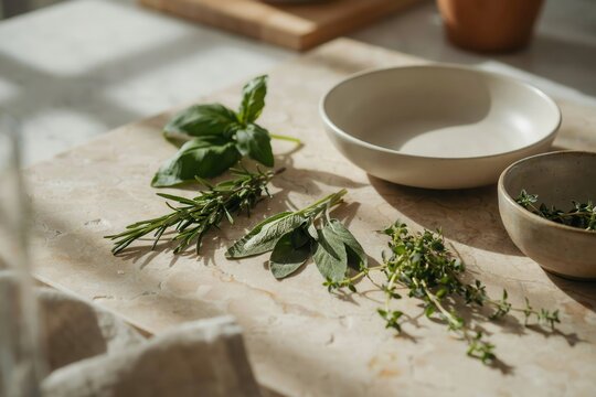 Fresh green herbs including basil, rosemary, sage, and thyme arranged on a beige marble surface next to empty ceramic bowls in sunlight