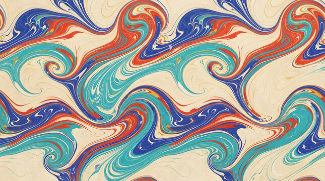 Seamless Turkish Ebru marbling pattern with blue, red, and turquoise fluid pigment swirls on parchment background
