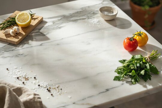 Fresh ingredients including lemon, garlic, rosemary, tomatoes, and parsley on a white marble countertop with a small bowl of olive oil and salt