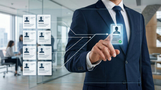 Applicant tracking system and digital recruitment interface showing businessman selecting best candidate from talent pool