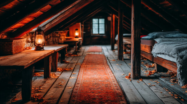Cozy rustic attic bedroom interior with warm lantern lighting and wooden beams, attic room