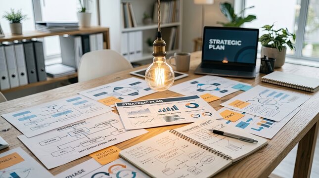 A person is working on a strategic plan at a wooden desk. Several documents, diagrams, and charts are spread across the table, illustrating the phases of a strategic process.
