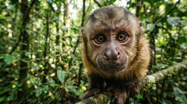 A curious capuchin monkey looking directly into the camera lens while perched on a mossy tree branch deep within the lush green tropical rainforest of South America during the bright sunny 