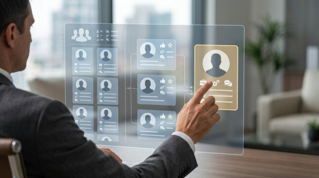Applicant tracking system interface showing businessman selecting employee profile on digital transparent screen