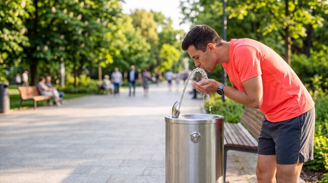 Young athletic man drinking fresh water from a public fountain in a green city park on a sunny summer day.
