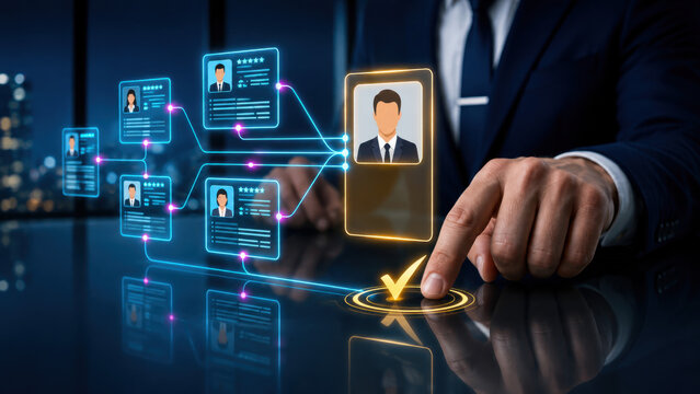 Human resources hiring decision interface showing executive approving top candidate profile for employment