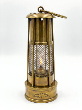 Vintage Brass Miner Safety Lamp on White Background