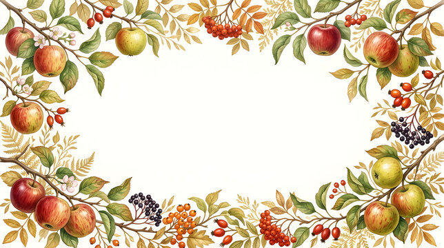 Sophisticated botanical border featuring realistic hand-painted apples, delicate apple leaves, slender branches, autumn berries and subtle golden foliage, refined watercolor and gouache style, element