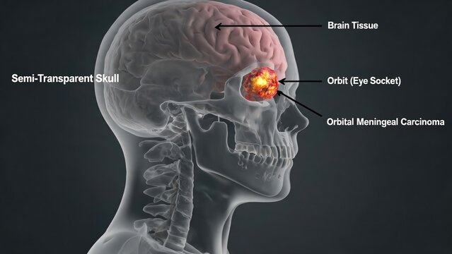 Orbital meningeal carcinoma 3D medical view, malignant tumor inside eye socket, semi‑transparent skull with visible brain tissue, dark background labeled anatomical illustration