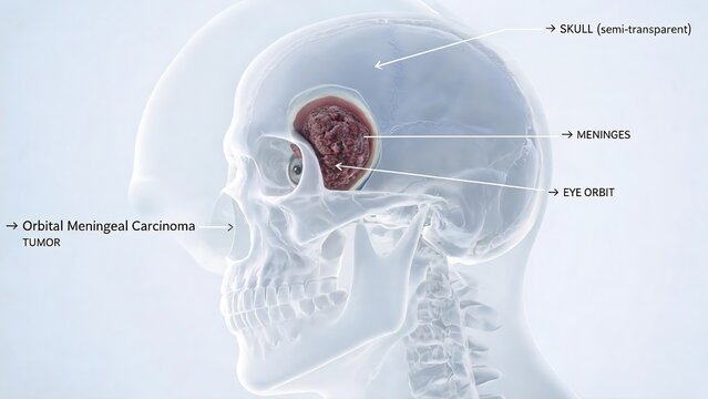 Orbital meningeal carcinoma 3D medical illustration, tumor inside eye orbit, semi‑transparent skull, meninges and orbital anatomy labeled diagram on light background