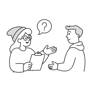 Two people discussing notes and questions during a user research interview.