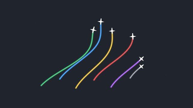 Animated white aircraft icons flying upwards leaving colorful neon motion trails against a dark background in a minimalist graphic style.