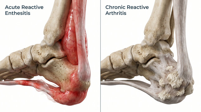 3D Medical Illustration Comparing Acute Reactive Enthesitis and Chronic Reactive Arthritis of the Ankle