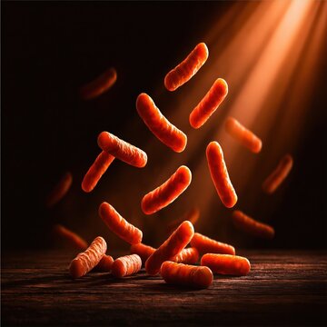 A dramatic microscopic visualization of glowing orange bacteria colonies floating in a dark environment under a bright beam of light, representing microbes and pathogens.