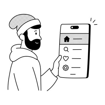 Designer testing a smartphone menu with icons, arrows, and navigation controls.