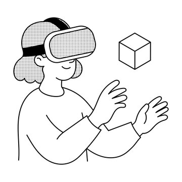 Person wearing a virtual reality headset and reaching toward floating 3D objects.