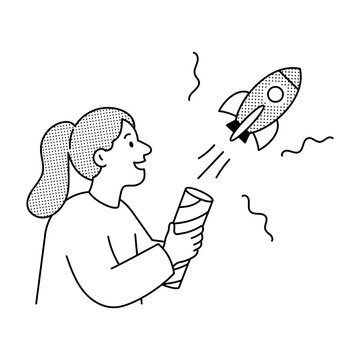 Creative professional holding a phone as a rocket symbolizes a new brand release.
