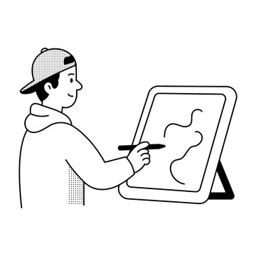 Artist drawing a flowing line illustration on a large digital tablet.