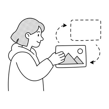 Designer moving an image card into a dashed placeholder on a digital screen.
