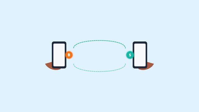 Two smartphone users facilitate a digital money transfer through a virtual connection in a flat vector animation style.