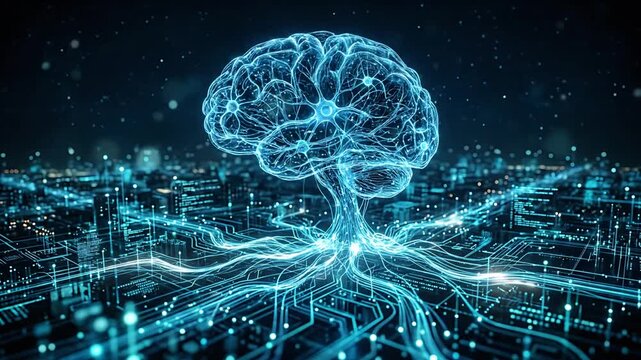 Futuristic digital brain networks illustrating artificial intelligence and neural connectivity in a high-tech environment