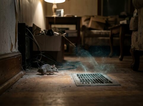 Small brown mouse crawling on wooden floor near vent with dust and sparks flying around