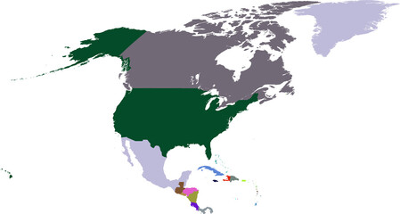 Map of north america with different countries colored isolated on transparent background © MdKamran