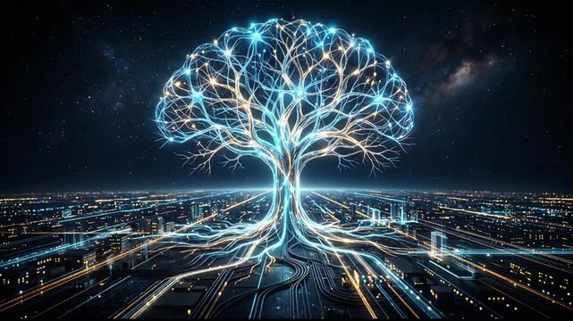 Futuristic Digital Tree Network Illuminated by Electric Blue Light Over Cityscape
