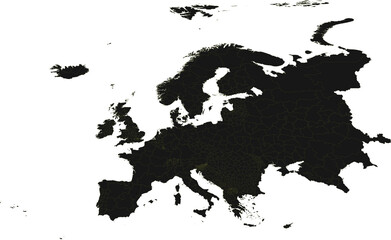 Detailed political map of europe showing countries and internal divisions, black and yellow on transparent background © MdKamran