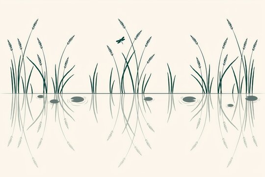 Green grass and reeds growing by a calm pond with dragonfly, water surface reflection, serene nature landscape