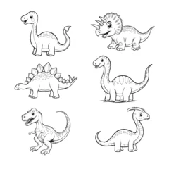 A set of six cute cartoon dinosaurs including a triceratops, stegosaurus, and running raptor, drawn as black line art © Diana Vyshniakova