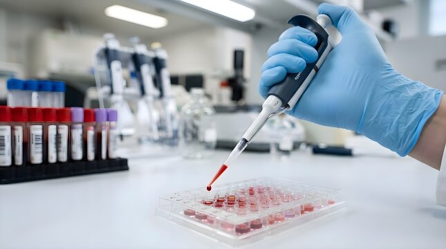 Scientist using micropipette to dispense blood sample into microplate