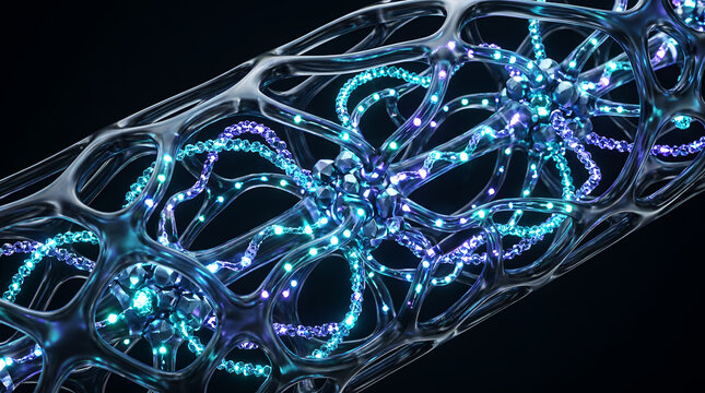 Microscopic Rendering of Futuristic Carbon Nanotube Battery Lattice with Glowing Quantum Energy Nodes