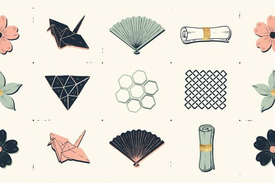 Grid layout featuring japanese including origami cranes, folding fans, scrolls, geometric patterns, and flowers on cream background