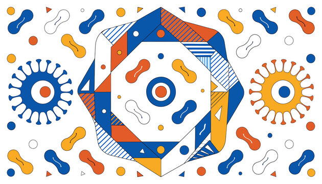 Abstract Geometric Pattern with Virus and Bacteria Shapes, Blue, Orange, Yellow