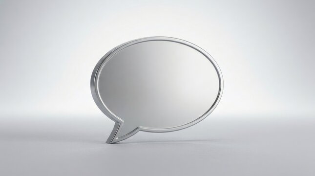 A three dimensional metallic speech bubble floating in the center of a plain light grey studio background, with soft shadows
