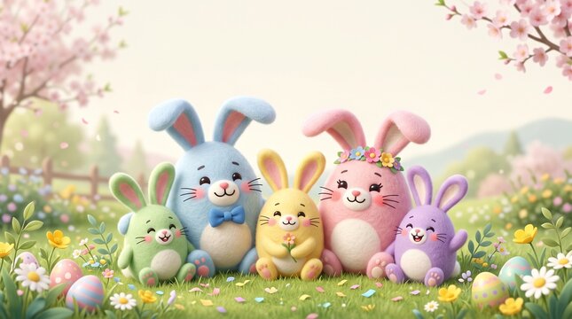 Cute easter bunny eggs with spring flowers and easter eggs