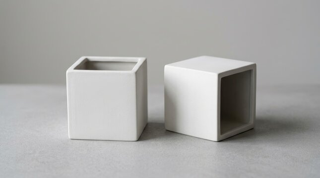 Two empty white square ceramic flower pots standing on a grey textured surface against a neutral light grey background, minimalist decor