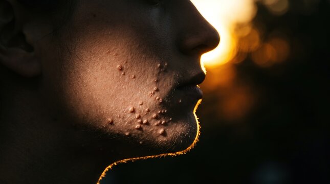 Side view closeup of severe acne pustules and pimples on a person's jawline at sunset