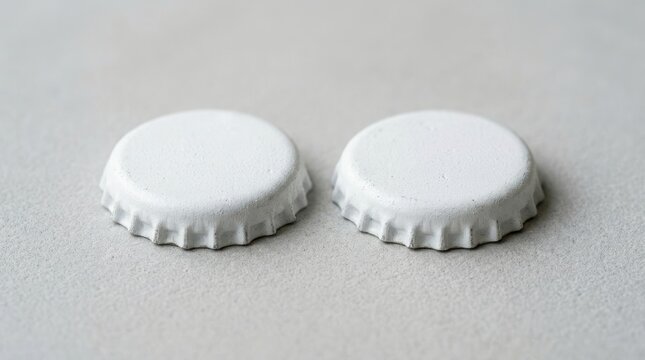Two white circular metal bottle caps lying side by side on a light grey textured surface with soft natural lighting and shadows